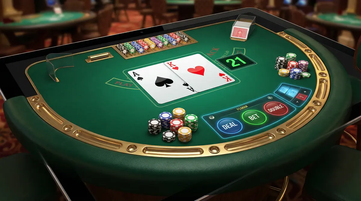 Mesa de blackjack con cartas As y Rey formando 21